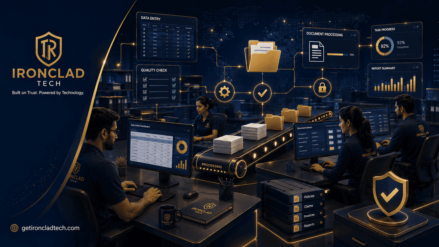 Ironclad Tech back office team processing documents, data entry and quality checks