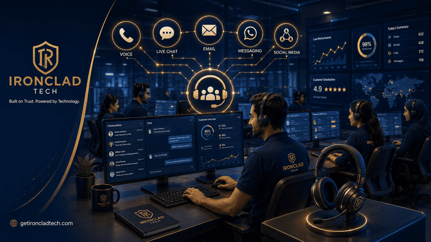 Ironclad Tech customer support team handling voice, chat, email and social media channels