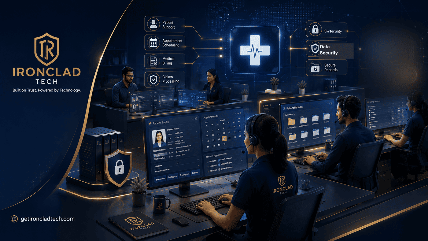 Ironclad Tech healthcare BPO team managing patient records, appointments and HIPAA-aware workflows